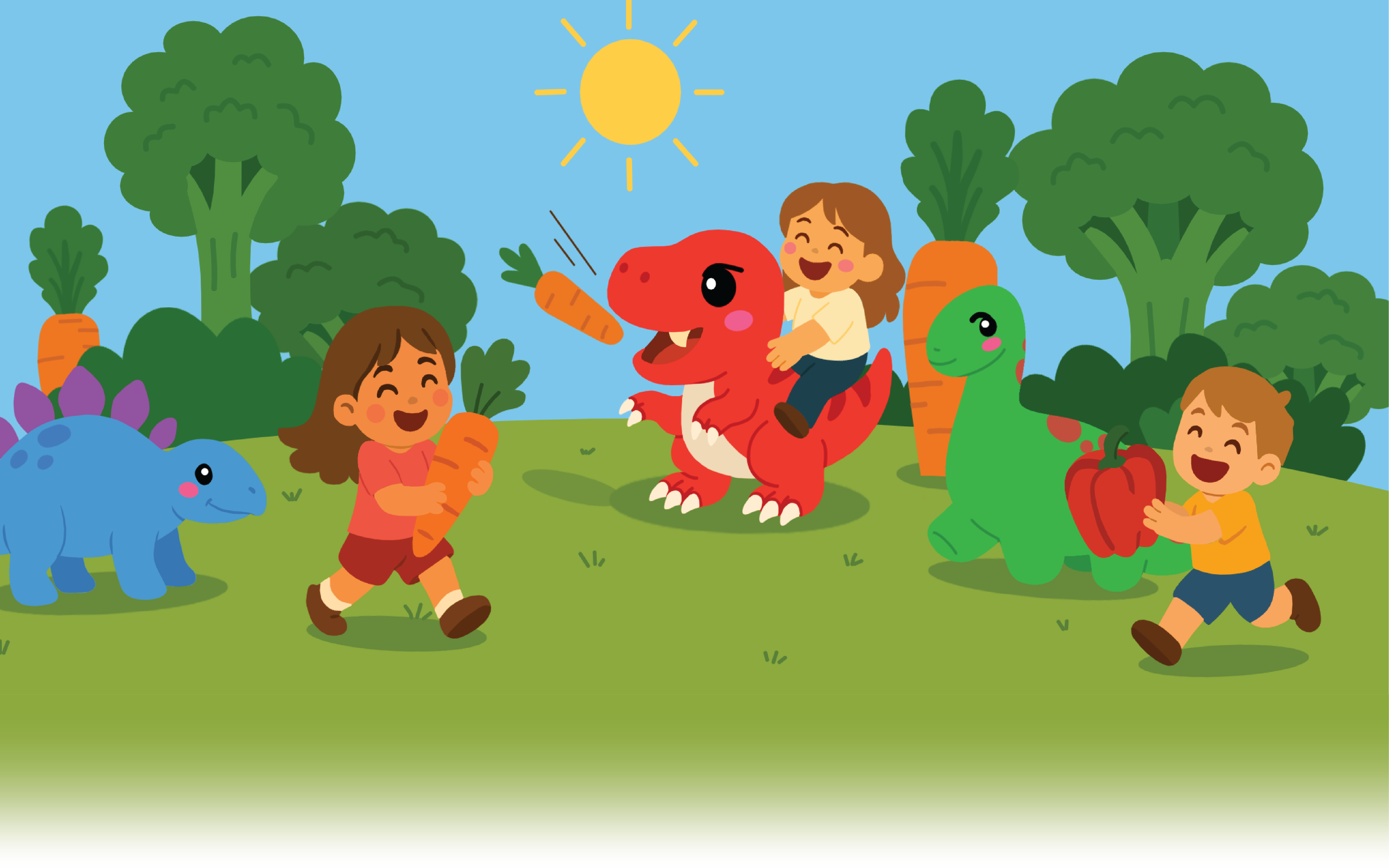Kinderen spelen met dino’s en groenten in een vrolijk landschap.